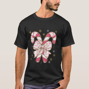 Colourful Coquette Bow Candy Cane Christmas Girls  T-Shirt