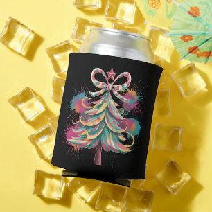 Colourful Coquette Christmas Tree Preppy Pink Xmas Can Cooler