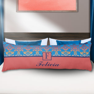 Colourful Coral and Blue Damask Monogram Body Cushion