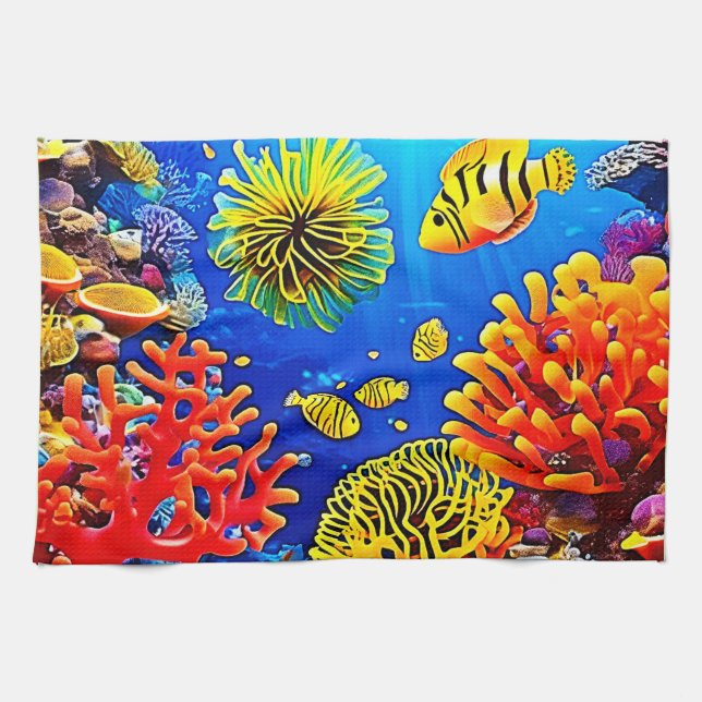 Colourful Coral Reef Design  Tea Towel (Horizontal)