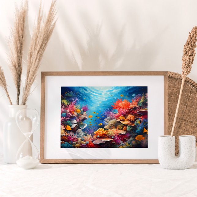 Colourful Coral Reef Digital Oil Painting Poster (Dive into the mesmerizing world beneath the waves with this captivating oil painting.)