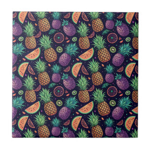 Colourful Cosmic Neon Tropical Summer Fruit Patter Ceramic Tile