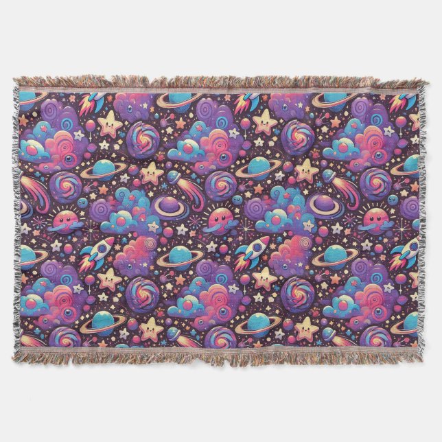 Colourful Cosmic Scene with Cartoon Planets Throw Blanket (Front)