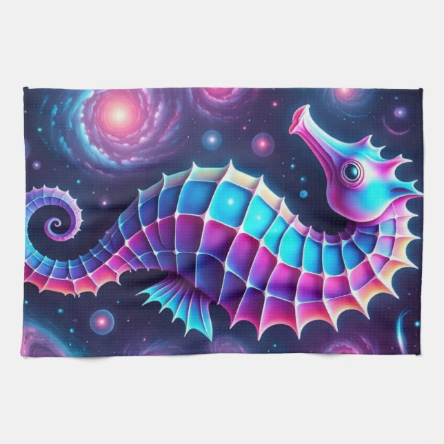 Colourful Cosmic Seahorse  Tea Towel (Horizontal)
