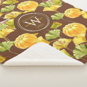 Colourful Cosy Autumn Watercolor Pattern Monogram Sherpa Blanket