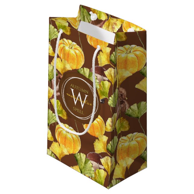 Colourful Cosy Autumn Watercolor Pattern Monogram Small Gift Bag (Front Angled)