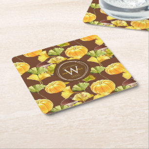 Colourful Cosy Autumn Watercolor Pattern Monogram Square Paper Coaster
