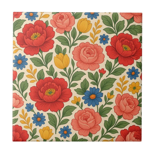 Colourful Cottage Blossoms Ceramic Tile (Front)