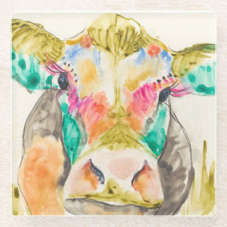 Colourful Cow Design Glass Coaster