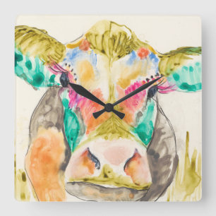Colourful Cow Design Square Wall Clock