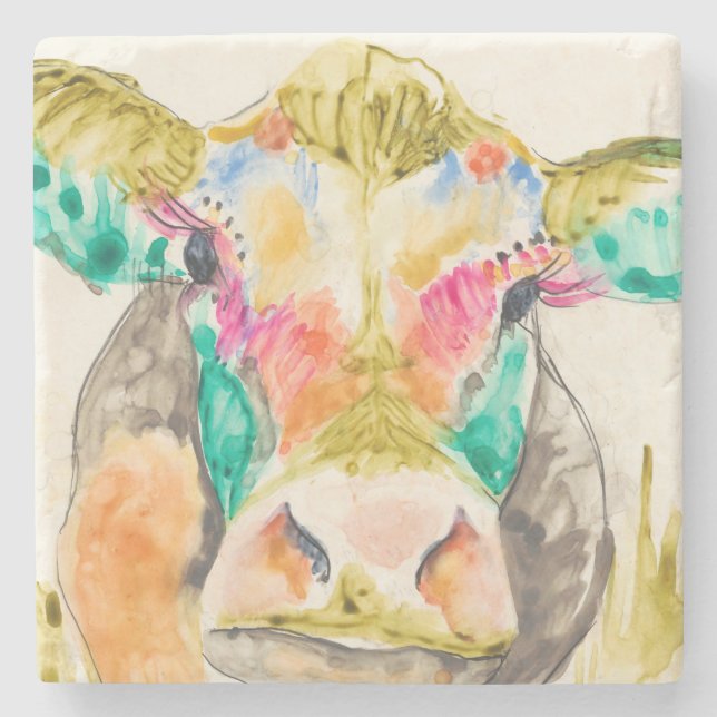 Colourful Cow Design Stone Coaster (Front)
