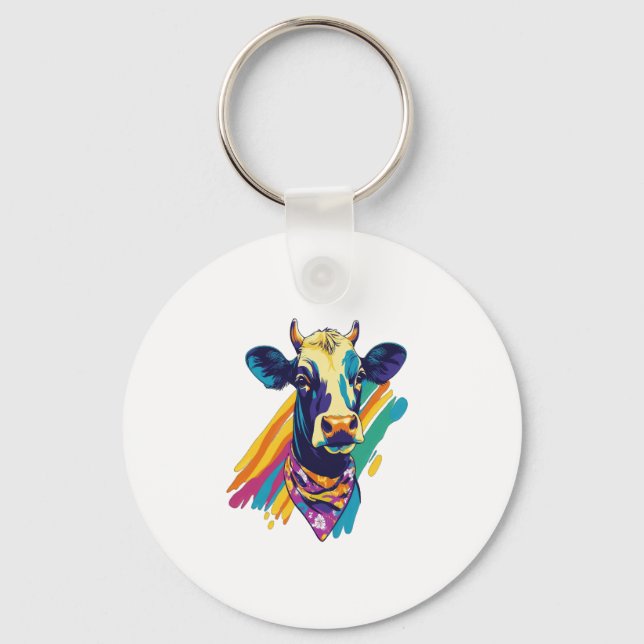 Colourful Cow Png, Rainbow Cow Design Png Key Ring (Front)