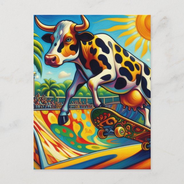 Colourful Cow Skateboarding Postcard (Front)