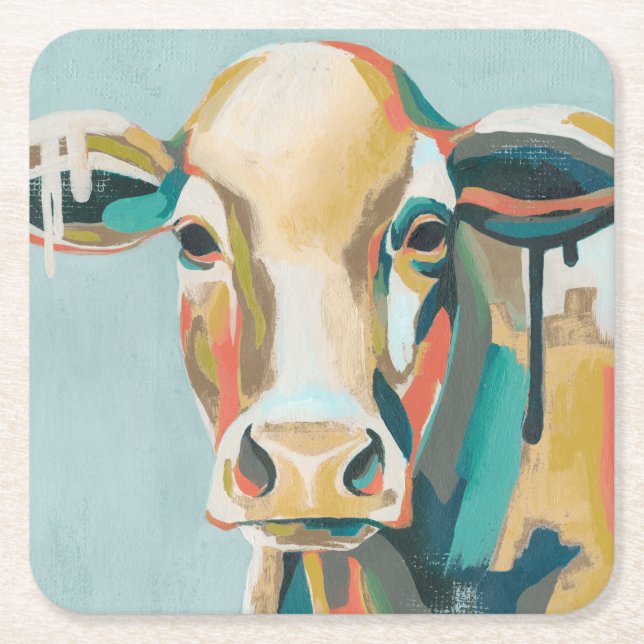 Colourful Cow Square Paper Coaster (Front)
