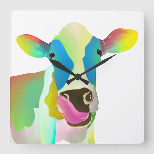 Colourful cow square wall clock (Front)