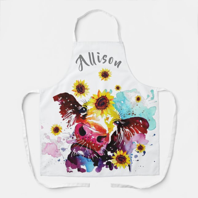 Colourful Cow with Sunflowers Personalised Apron (Front)