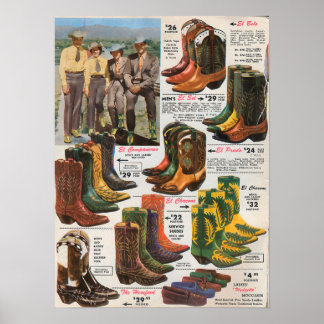 Colourful Cowboy Boots 1950s Poster