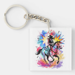 Colourful Cowgirl Horse Watercolor Pop Art Key Ring