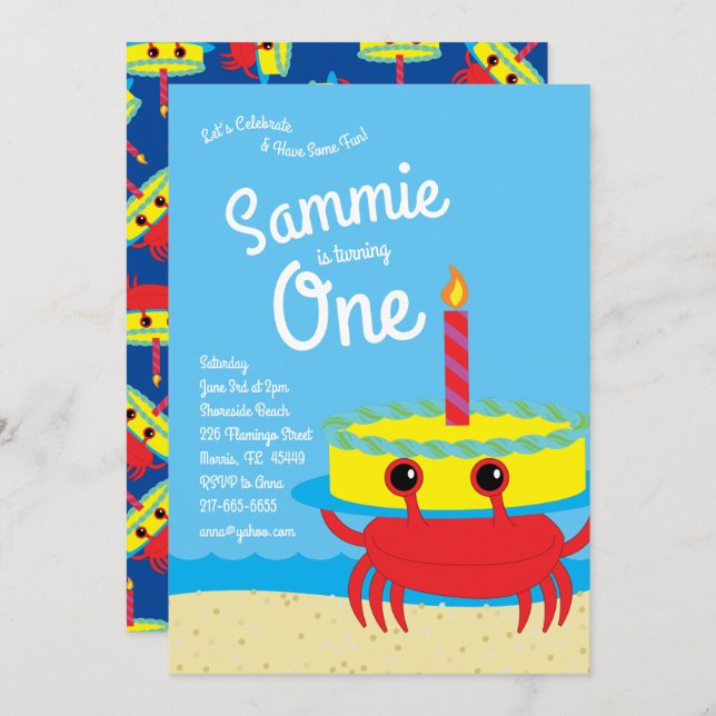 Colourful  Crab Beach 1st Birthday Invitations (Front/Back)