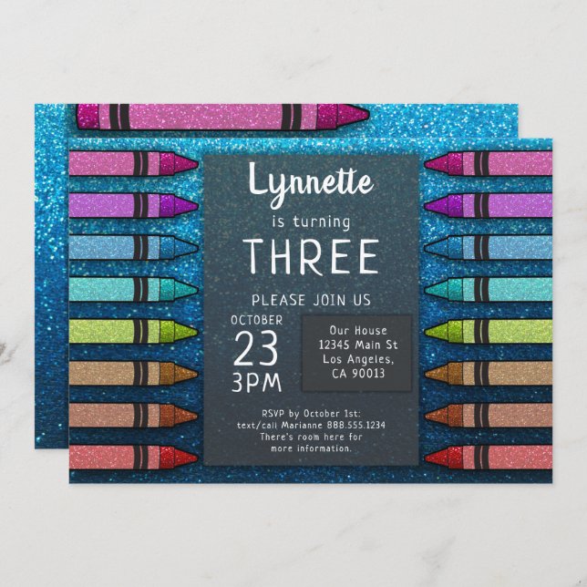 Colourful Crayon Rainbow Glitter Art First Birthda Invitation (Front/Back)