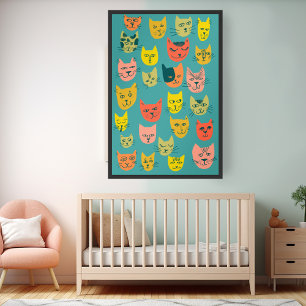 Colourful Crazy Cats Illustration Poster