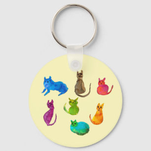 Colourful crazy cats in watercolor key ring
