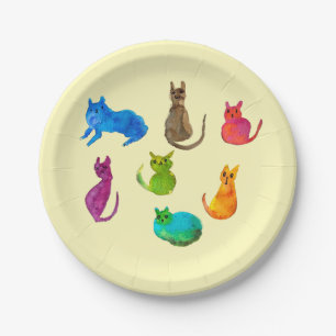 Colourful crazy cats in watercolor paper plate