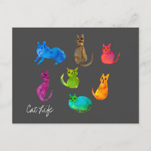 Colourful crazy cats in watercolor postcard