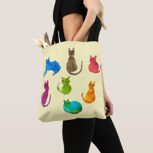 Colourful crazy cats in watercolor tote bag