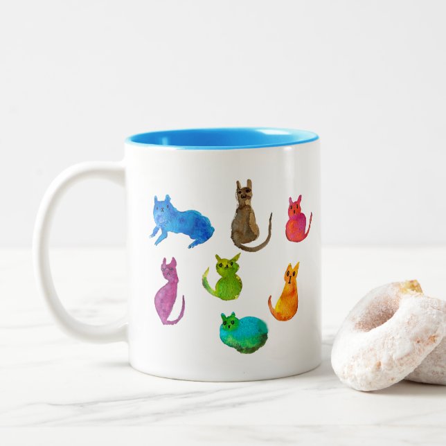 Colourful crazy cats in watercolor Two-Tone coffee mug (With Donut)