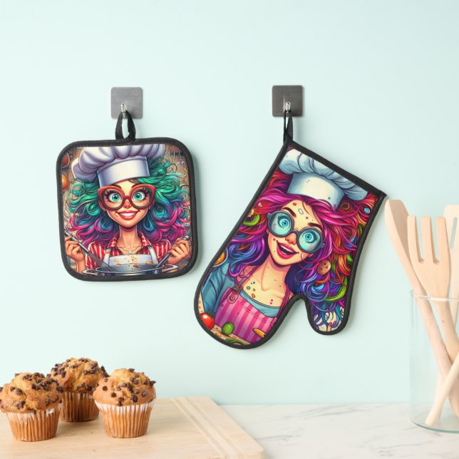 Colourful Crazy Chef Cook, Kitchen Gift Oven Mitt & Pot Holder Set (Insitu(Hanging))