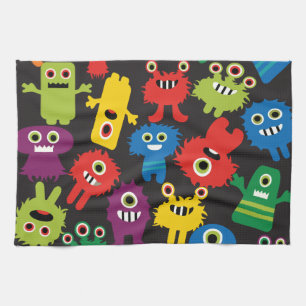 Colourful Crazy Fun Monsters Creatures Pattern Tea Towel
