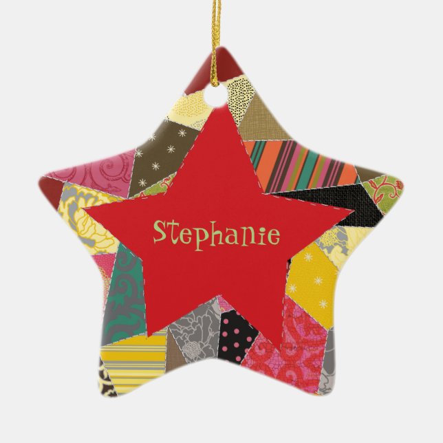 Colourful Crazy Quilt Patchwork Pattern Monogram Ceramic Ornament (Front)