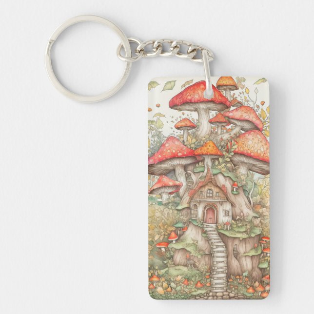 Colourful Creative Mushroom Hut Illustration Key Ring (Front)