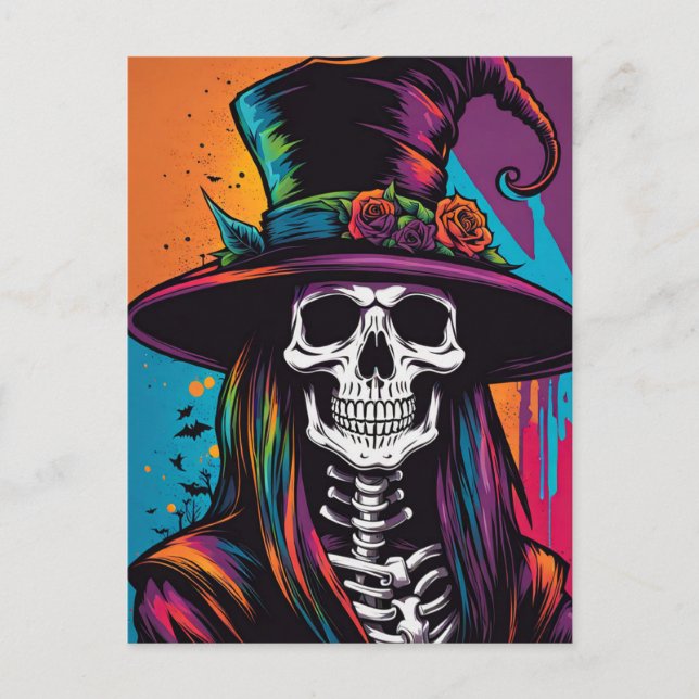 Colourful Creepy Skull Halloween  Postcard (Front)
