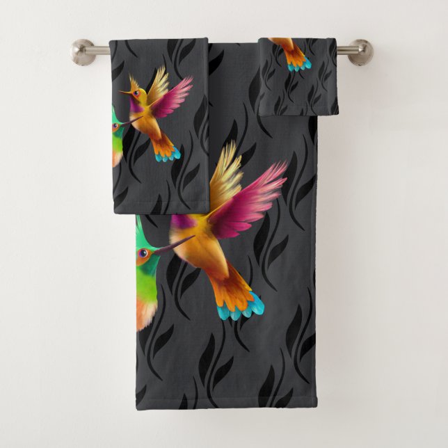 Colourful Crested Hummingbirds in Flight Bath Towel Set (Insitu)