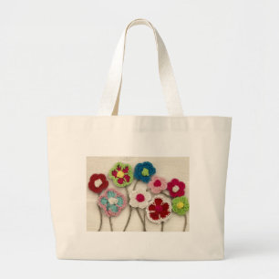 colourful crocheted flowers large tote bag