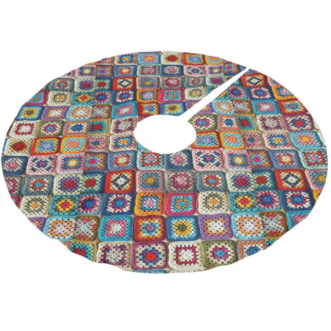 Colourful Crocheted Granny Square Quilt Brushed Polyester Tree Skirt (Angled)