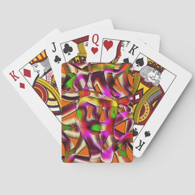 Colourful crooked cutouts with pink and carved playing cards (Back)
