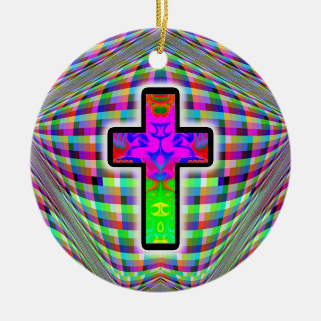 Colourful Cross on a Magic Background Ceramic Ornament (Front)