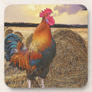 Colourful Crowing Rooster and Hay Bales Coaster