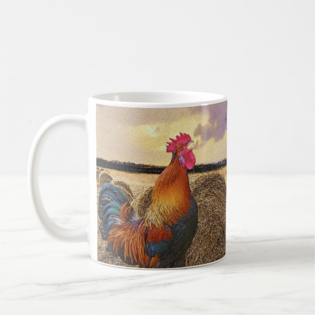 Colourful Crowing Rooster and Hay Bales Coffee Mug (Left)
