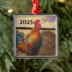 Colourful Crowing Rooster and Hay Bales Metal Ornament