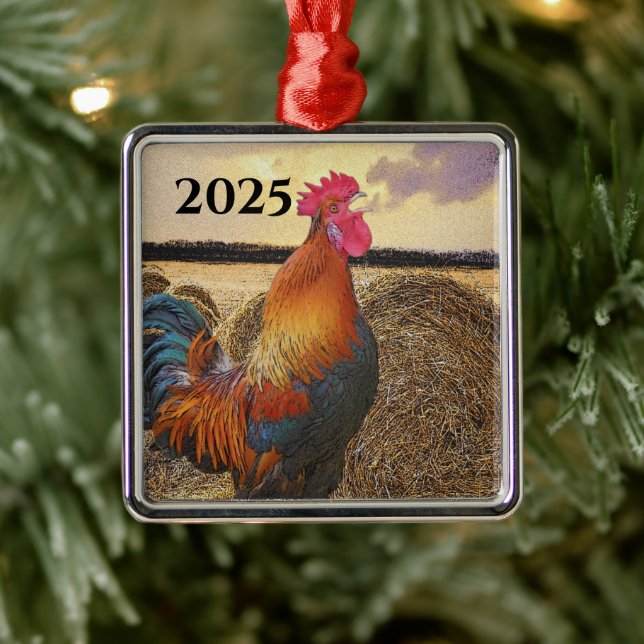 Colourful Crowing Rooster and Hay Bales Metal Ornament (Tree)
