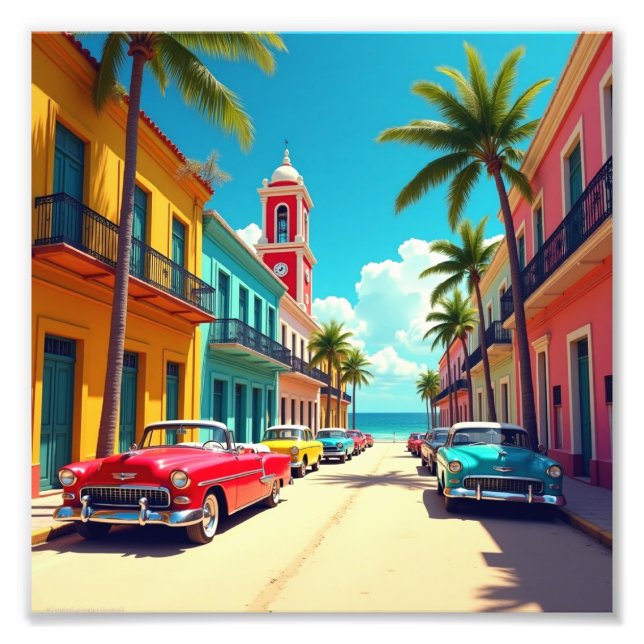 Colourful Cuban Street with Classic Cars  Photo Print (Front)