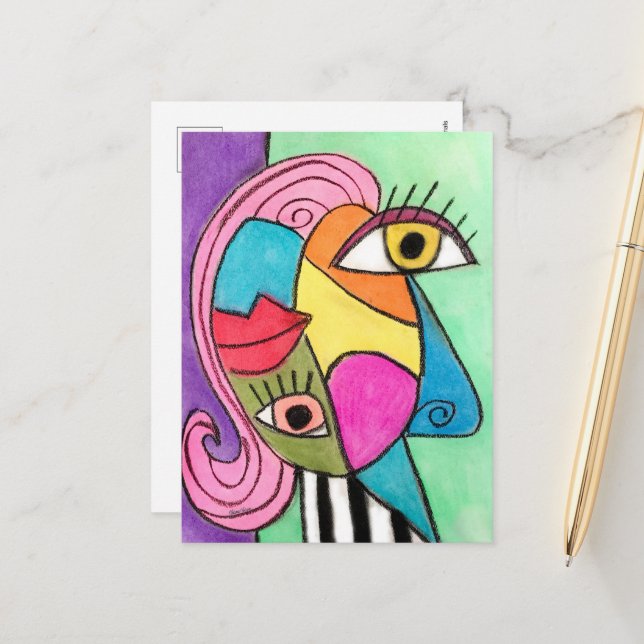 Colourful Cubism Abstract Face Fun Whimsical Art Postcard (Front/Back In Situ)