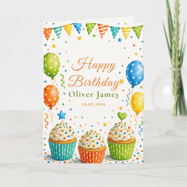 Colourful Cupcake Birthday Greeting Card (Front)