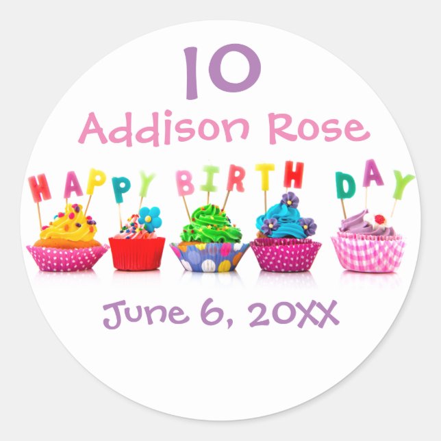 Colourful Cupcake - Girl Birthday Circle Sticker (Front)