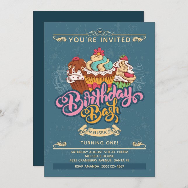 Colourful Cupcake Sweets on Blue Birthday Invitation (Front/Back)