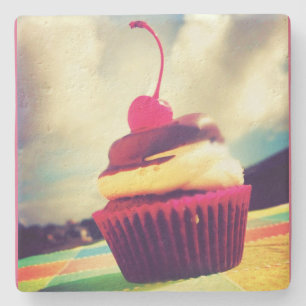 Colourful Cupcake with Cherry on Top Stone Coaster